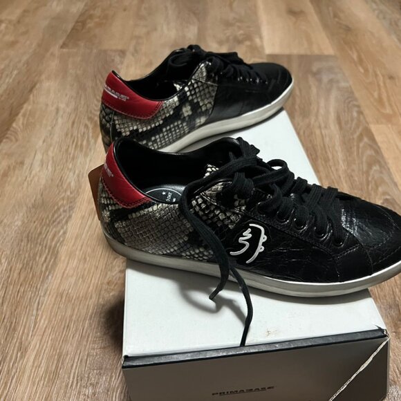 Primabase Sneakers Black Textured Leather Snake Print Red Heel - Picture 9 of 13